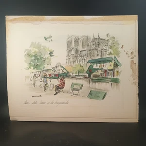 Acuarela Janicotte "Paris Notre Dame Et Les Bouquinistes", OBO raro - Imagen 1 de 8