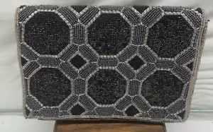 Vintage Beaded Metallic Clutch Purse 8" w/Chain Strap - Picture 1 of 10
