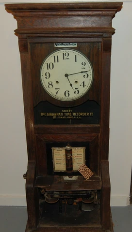 Antique Cincinnati Time Recorder Co Pendulum Time Clock, Heavy Oak Cabinet, 46" Cover