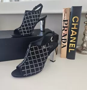 $2300 Chanel Suede Peep Toe Rhinestone CC Logo Sandals Heels Black Box & Bags 37 - Picture 1 of 13