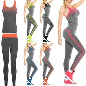 Ladies Gym Wear Sets Womens Leggings Vest Top Sports Fitness Workout Yoga Suits - Picture 1 of 24