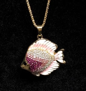 Betsey Johnson Halskette Fisch rosa weiß OMBRE GOLD KRISTALLE Geschenkbox Tasche - Bild 1 von 12