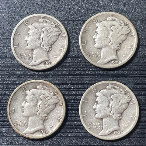4 Mercury Silver Dime lot - 1928, 1929, 1934, 1935 Nice Coins. Lot 075 Cover
