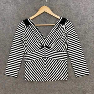 Max Mara Shirt Top Womens L Large White Black Striped V-Neck Stretch 54517 - Picture 1 of 9
