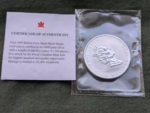 Canada 1999 1oz .9999 Silver Maple Leaf Year of the Rabbit Privy - Picture 1 of 2