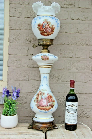 Stunning Vintage 1960 French opaline glass victorian scene table lamp rare Cover