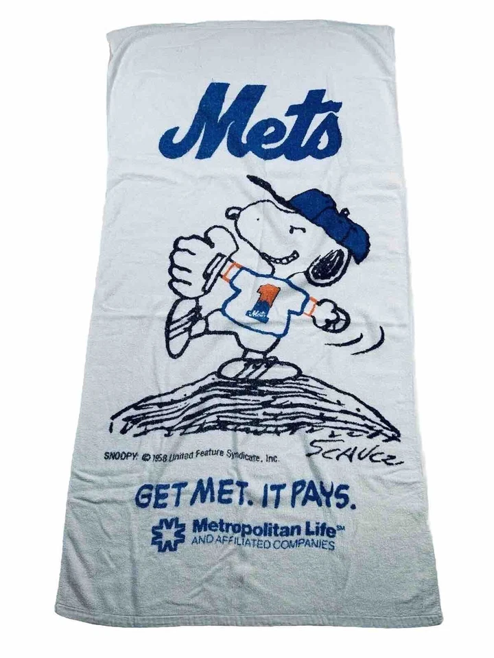 Toalla blanca vintage de los New York Mets MLB béisbol Snoopy Peanuts regalo promocional Foto 1 de 4