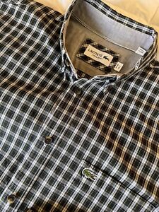 Men's LACOSTE Shirt Green white PlaidCotton Long Sleeve Shirt Size 39 / S