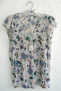 OLD NAVY Blouse Top Size SP Multicolor Floral on White Background Short Sleeves - Picture 1 of 8
