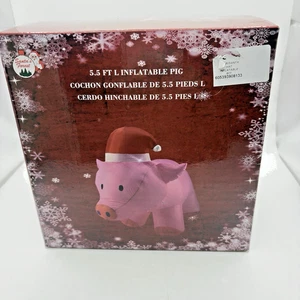 Santa's Forest 5.5 Foot Inflatable Pig Weatherproof Nylon Christmas Hat New - Picture 1 of 8