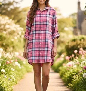 LRL Ralph Lauren Camisa Vestido Mujer Mediano Rosa Cuadros Algodón Bolsillos Bordados - Imagen 1 de 10
