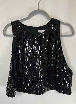 H&M XXL Women’s Cropped Black Sequin Sleeveless Scoop Neck Zip Up - Image 1 of 3