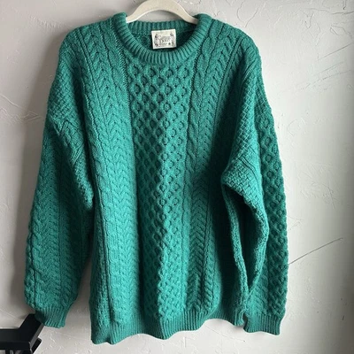 Vintage Carraig Donn Irish Aran Fisherman Sweater XL 100% Wool Cable Knit Green - Image 1 of 4