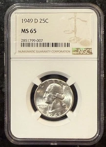 1949-D Washington Quarter NGC MS65 - Gem Brilliant 25c Silver Coin Lustrous - Picture 1 of 2