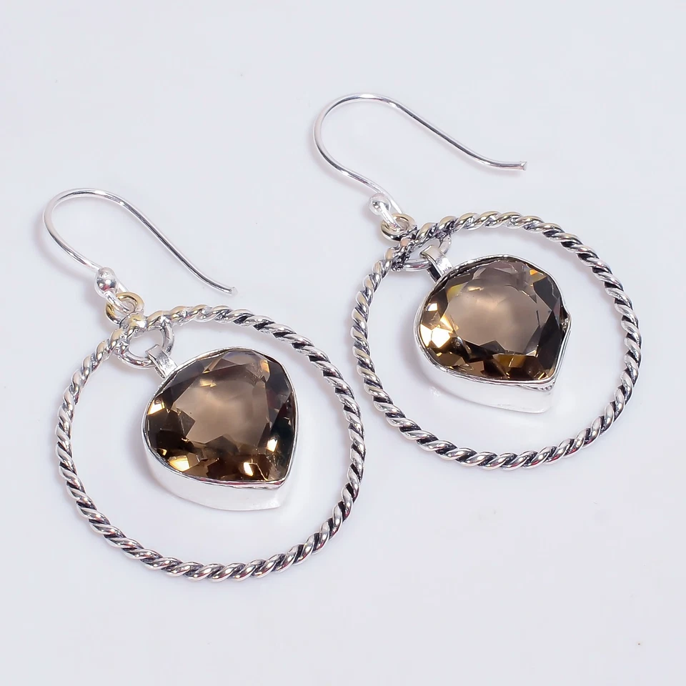 Smoky Quartz Gemstone Vintage Handmade 925 Sterling Silver Earrings 1.8" Q610 - Image 1 of 4