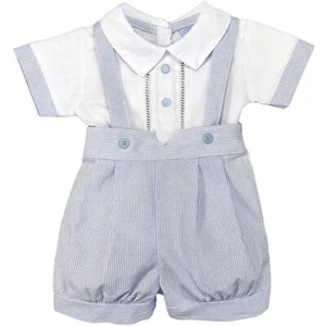 Baby Boy Dungaree Shorts Shirt Set Outfit Braces Traditional Blue - Picture 1 of 3
