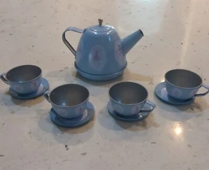 Pottery Barn Kids Metal Tea Set Pot And Cups Ice Skating theme  - Picture 1 of 11