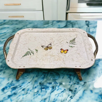 Vtg TV Serving Tray Stand Retro Metal Butterfly Confetti Gold Legs + Handles - Image 1 of 4