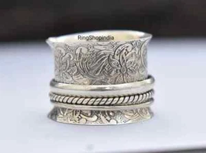 925 Solid Sterling Silver Spinner Band Ring Carved Floral Silver Ring for women, - Picture 1 of 9