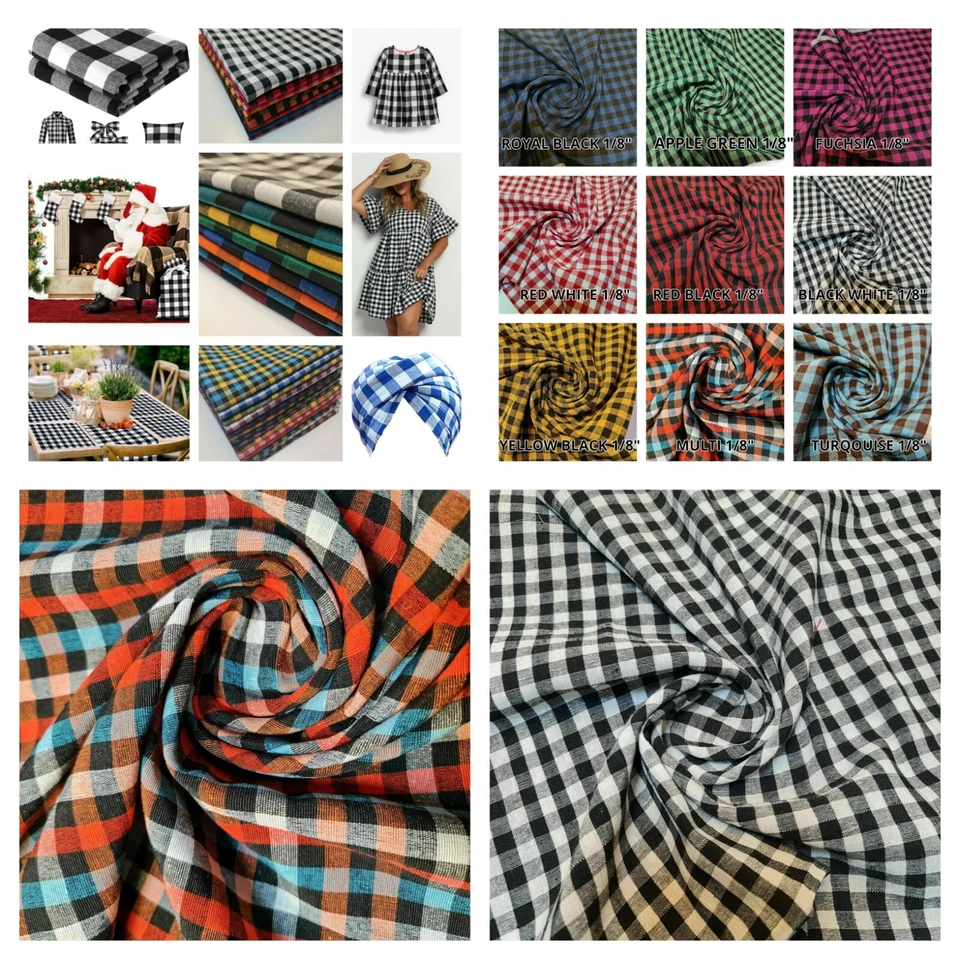 1/4" Check Gingham Fabric 100% Cotton Linen Plaid Dress Material 44" Meter