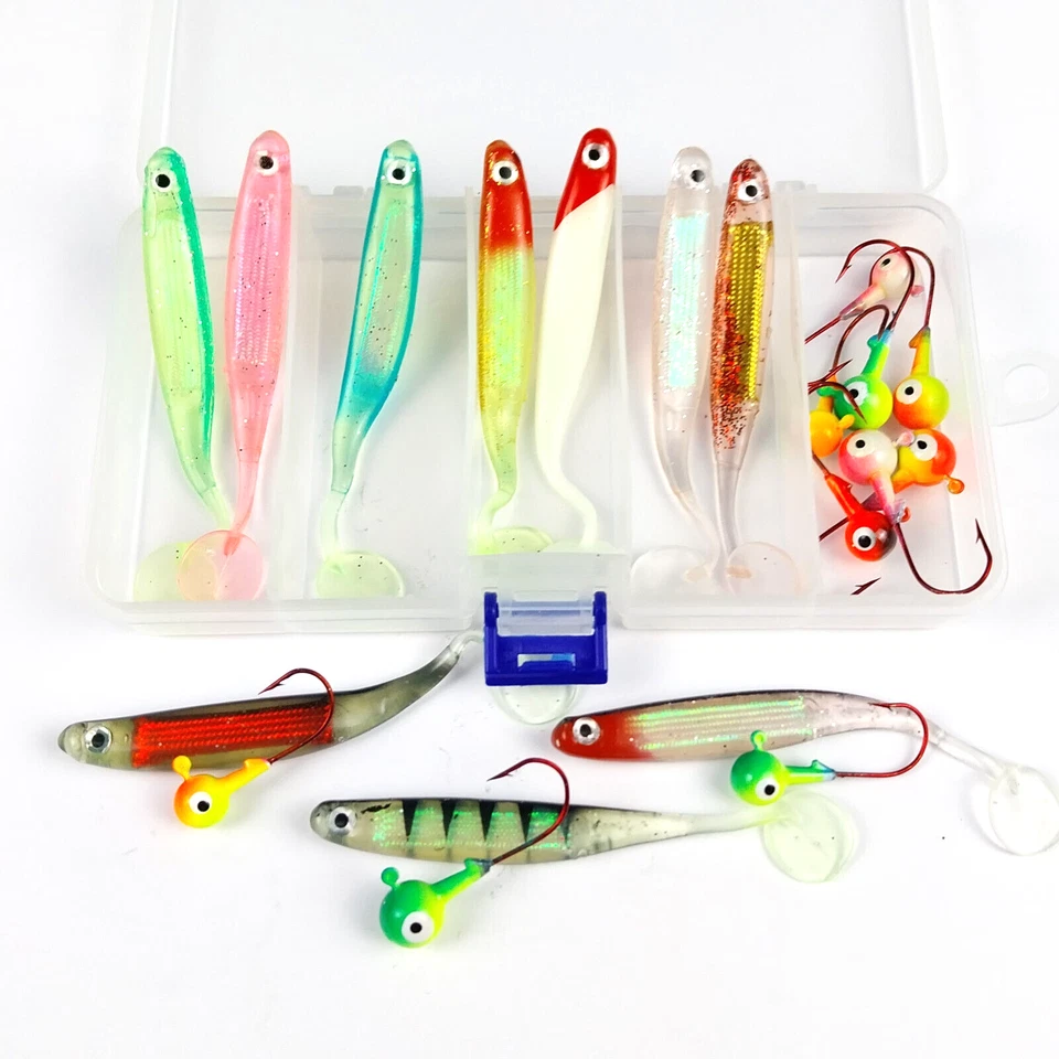 10 SHADS / 10 JIGKÖPFE Hecht Zander Dorsch Set Shad TWISTER Spinn Köder Jig Box - Bild 1 von 1