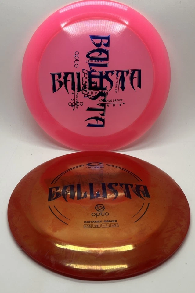 Lot of 2 Latitude 64 Ballista Disc Golf Drivers: Opto Pro Pink, Opto Red (174g) - Image 1 of 4