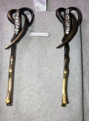 Vintage Hair Pins-Antiqued Goldtoned Heart & Rhinestones (2) Bobby Pins - Image 1 of 4