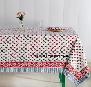 Cotton Floral Block Print Tablecloth Rectangle White Red Dining Linen Set Indian - Picture 1 of 7