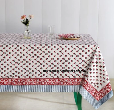 Nappe Rectangulaire En Coton Imprimé Floral Blanc Rouge Ensemble De Lin Indien - Photo 1/4