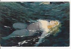 German "Nymphen" Series 704 Risque Postcard Sultry Water Maiden Floating w/ Gull - Picture 1 of 2