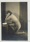Chubby Nude Kneels In Front Of Ceramic Vase (Vintage Photo Pc ~1940S/50S)