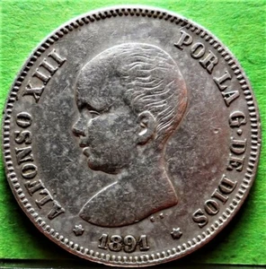 Very Scarce, ALFONSO XIII, 2 Pesetas, 1891,*(18-91), Silver, SPAIN - Picture 1 of 2