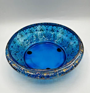 Vintage Moser Art Glass-Persian Blue-Large Low Bowl With Heavy Enameled Floral - Picture 1 of 13
