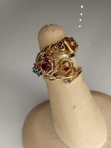 3 Heart and Rose Themed Gold Tone Rhinestone Rings Size 5.75, 6 & 7.25 - Picture 1 of 12