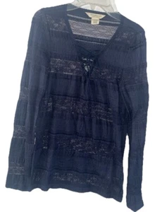 Denim & Supply Ralph Lauren Womens Lace Sheer Blouse Size M Navy Blue - Picture 1 of 4