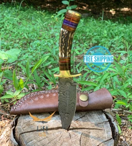Custom Stag Horn HAND FORGED DAMASCUS STEEL KNIFE With Brass Guard Hunting Blade - Picture 1 of 8