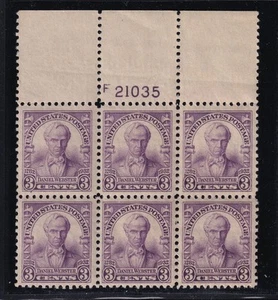 1932 Daniel Webster 3c purple Sc 725 MNH XF with OG flat plate block of 6 (DX - Picture 1 of 1