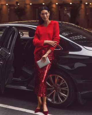 NEW ANN TAYLOR $229 GINGHAM RED SEQUIN COLUMN MIDI SKIRT SZ 6 - Image 1 of 4