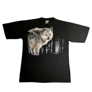 Harlekin T Shirt Herren M Schwarz Wolf Natur Wald Einzelnaht Murray 90er Vintage - Bild 1 von 16
