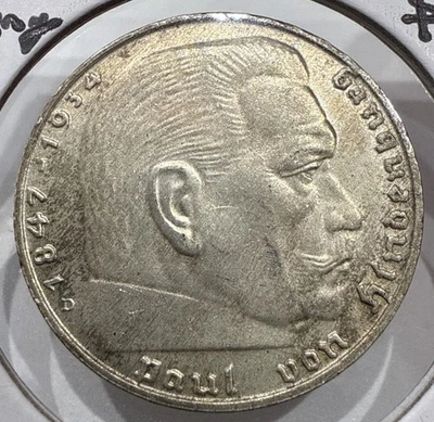 1939 2 Reichsmark Alemania 3er Reich Segunda Guerra Mundial Moneda de Plata Hindenburg Alto Grado Foto 1 de 4