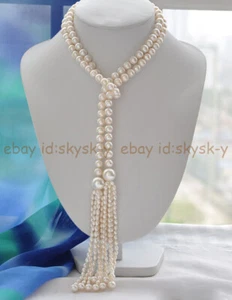 9-10mm White Pearl 14mm Shell Pearl 6-7mm Rice Pearl Tassel Necklace 50'' - Picture 1 of 4