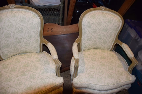 Pr. of Antique Country French Painted Salon Chairs w. Matching Pillows Cover