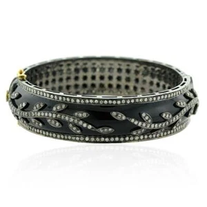 5.88Ct Diamond Leaf Design Black Enamel Bangle 925 Sterling Silver - Picture 1 of 5