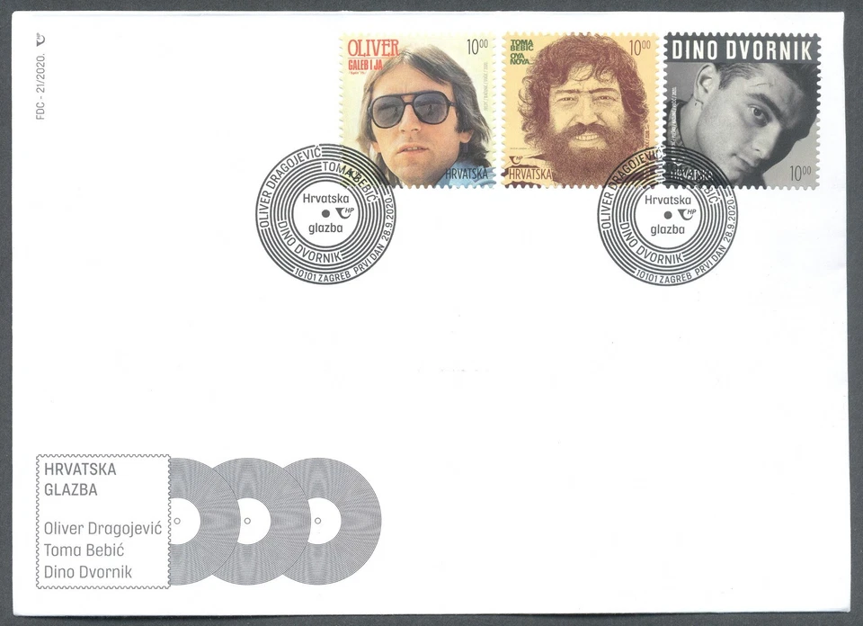 Croácia 2020-09-28, Música: Dino Dvornik, Oliver Dragojević, Toma Bebić FDC - Imagem 1 de 1