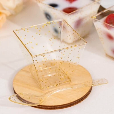 24 Clear 2 oz Disposable Gold Glittered Square Plastic Dessert CUPS Spoons Party - Image 1 of 4