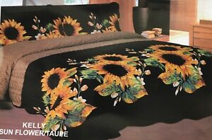 SUNFLOWERS TAUPE AND BLACK PLUSH BEDSPREAD SET 3 PCS KING  SIZE