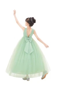 Satin Backless Flower Girl Dress with Pearl Beaded Trim Wedding Toddler Dresses - Picture 1 of 22