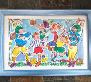 💥Künstlerin Sally Huss "Kids And Sports" 1998 Aquarell im Rahmen - Bild 1 von 1