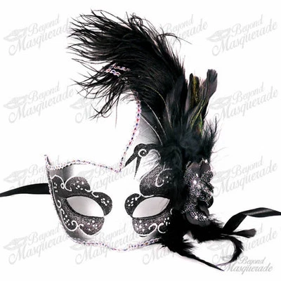Ostrich Feather Venetian Masquerade Mask for Women M6131 [Black/Silver] - Image 1 of 4