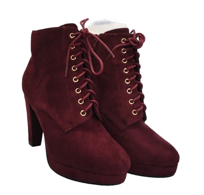 Ollio Mujer Zapato Imitación Gamuza Con Cordones Tacón Alto Botines Granate Talla 10 Foto 1 de 4